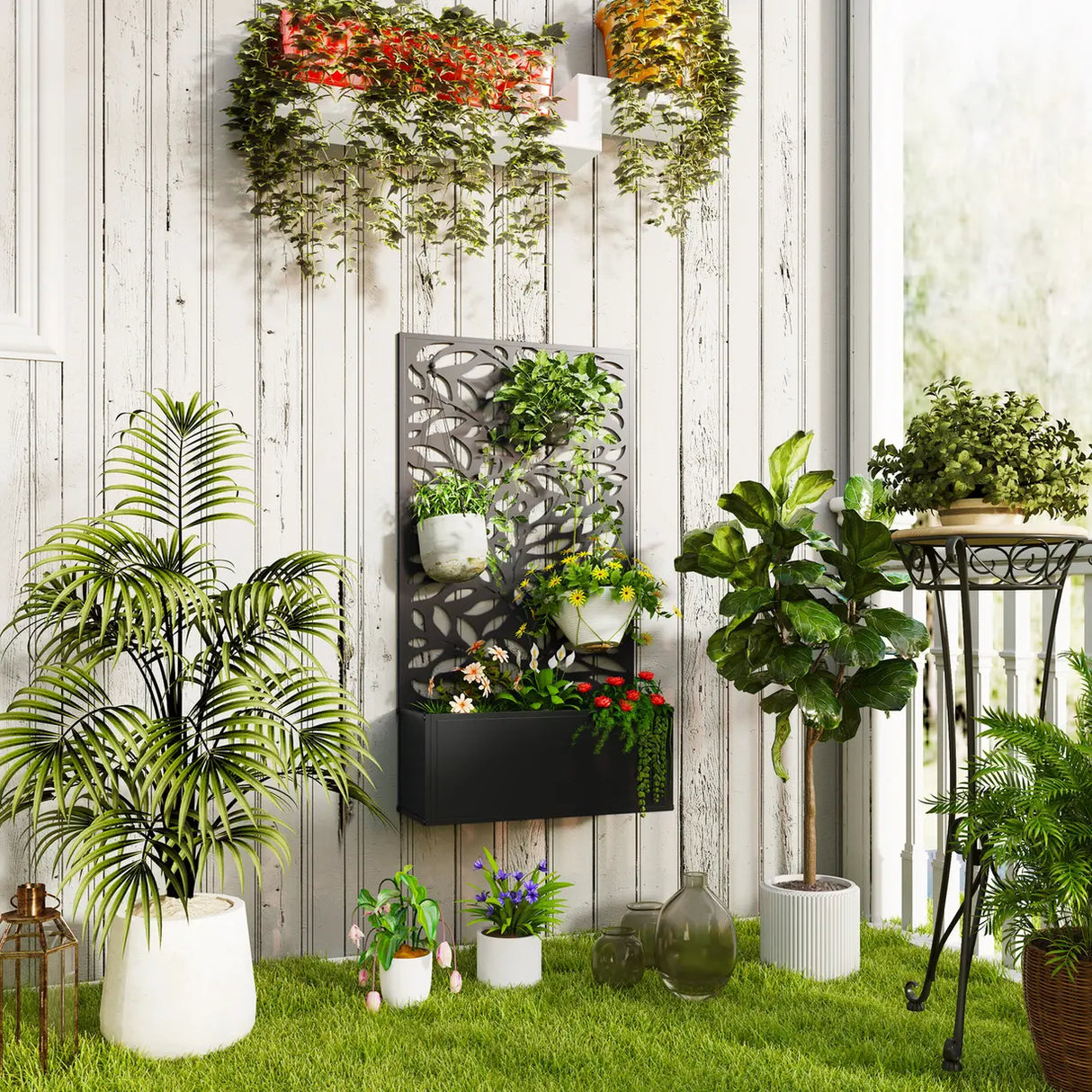Outsunny Outdoor Metal Planter, with Back Trellis - Black