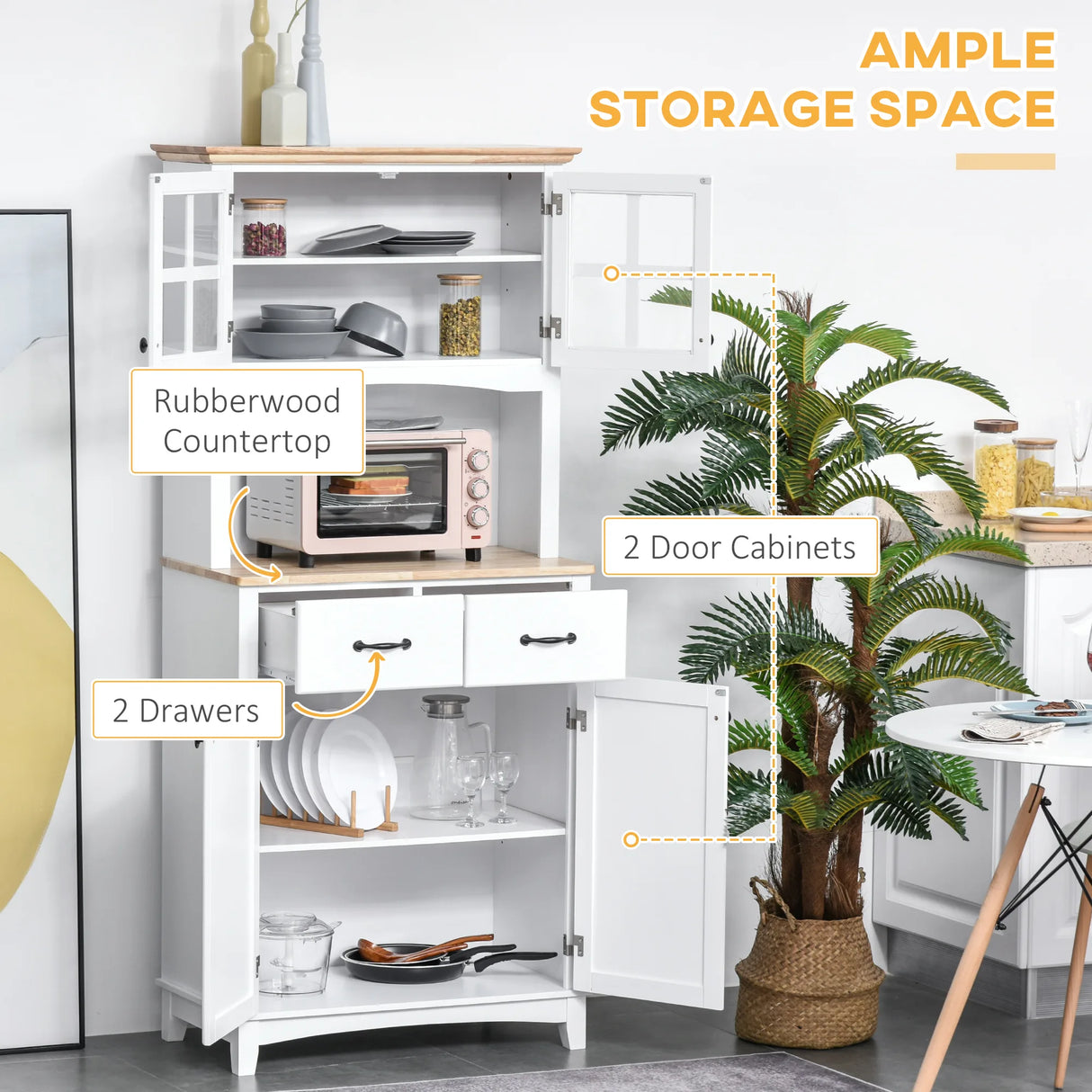 HOMCOM Freestanding Kitchen Cupboard, Kitchen Storage Cabinet with Framed Glass Doors, 2 Drawers, Microwave Counter, White