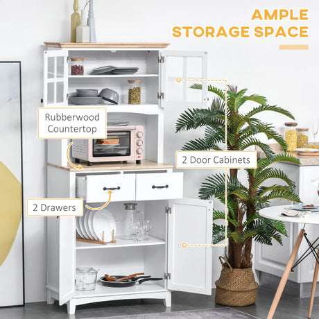HOMCOM Freestanding Kitchen Cupboard, Kitchen Storage Cabinet with Framed Glass Doors, 2 Drawers, Microwave Counter, White