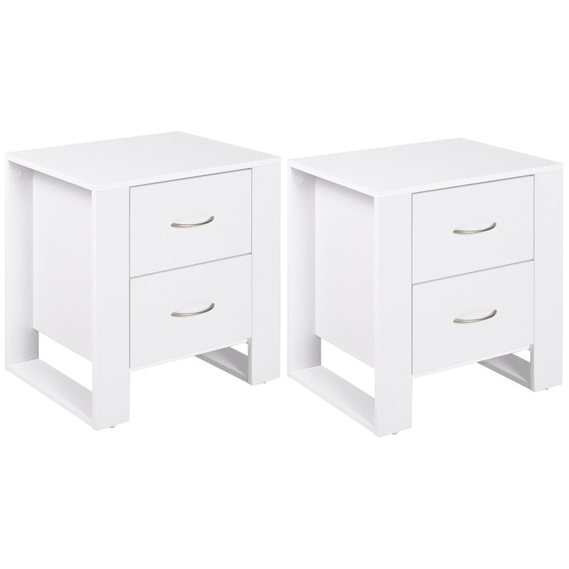 HOMCOM Bedside Table with 2 Drawers, Nightstand with Handles and Elevated Base, Side Table for Bedroom, Living Room, Set of 2, White