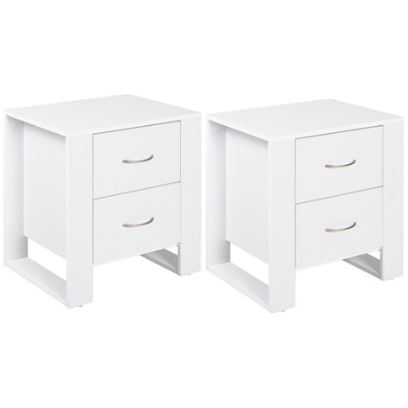 HOMCOM Bedside Table with 2 Drawers, Nightstand with Handles and Elevated Base, Side Table for Bedroom, Living Room, Set of 2, White