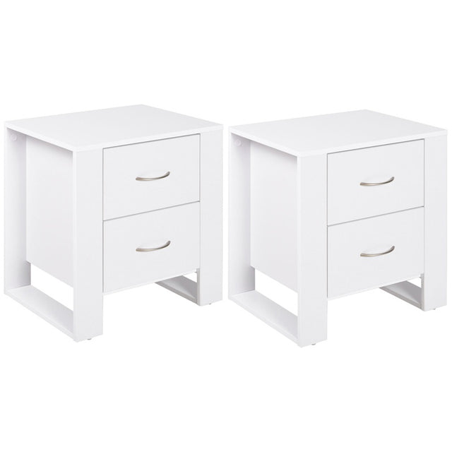 HOMCOM Bedside Table with 2 Drawers, Nightstand with Handles and Elevated Base, Side Table for Bedroom, Living Room, Set of 2, White