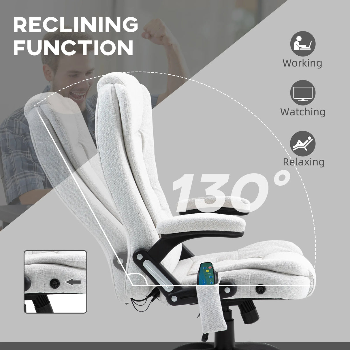 Vinsetto Massage Recliner Chair Heated Office Chair with Six Massage Points Linen-Feel Fabric 360 Swivel Wheels Cream White