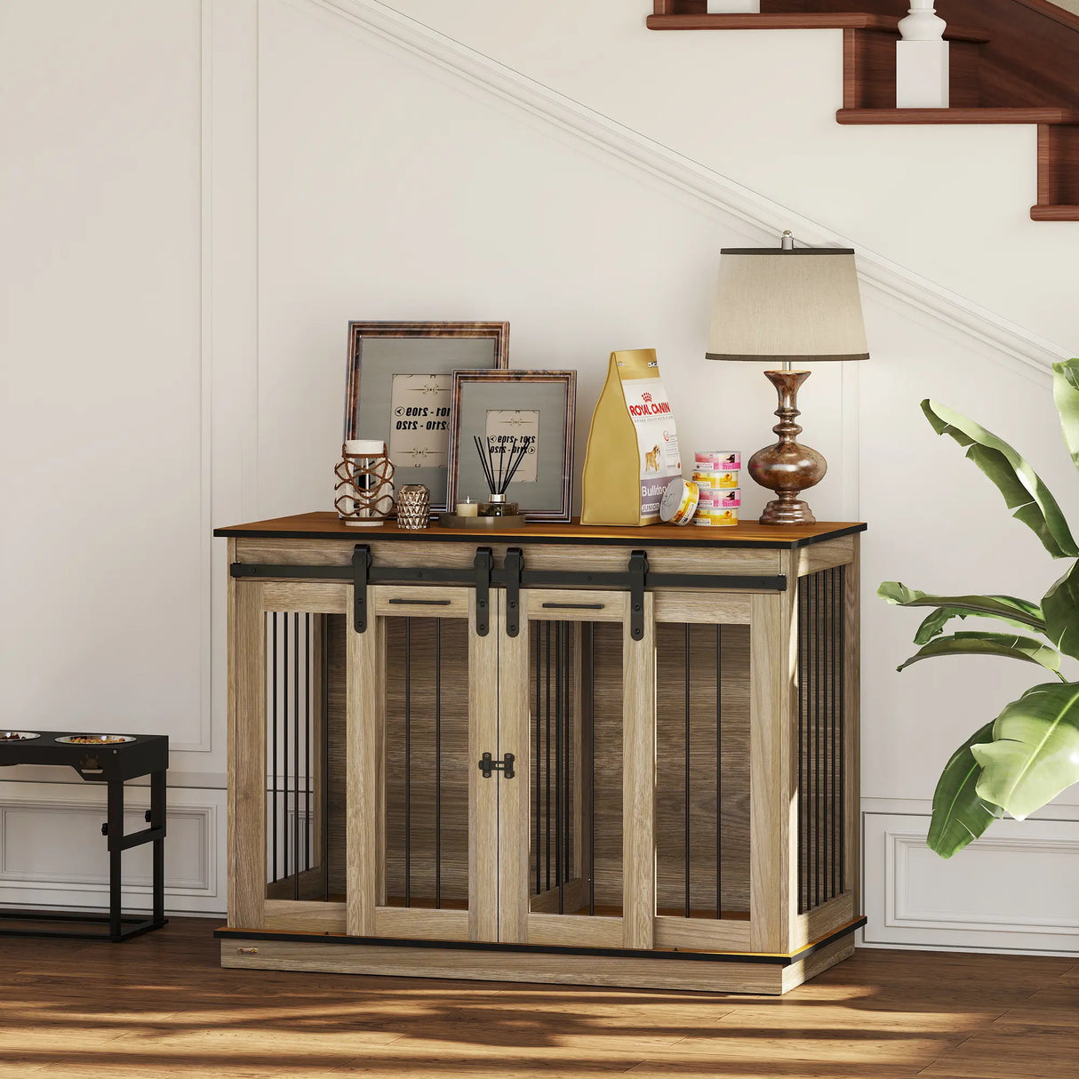 PawHut Dog Crate Furniture for Large Dogs, Double Dog Cage for Small Dogs, with Sliding Doors - Oak Tone