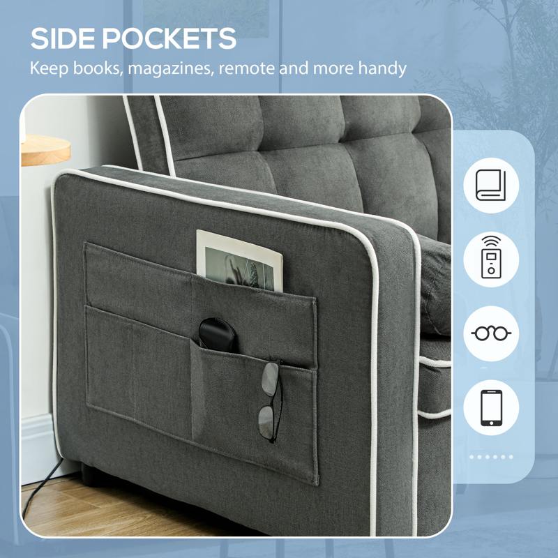 HOMCOM Two-Seater Linen-Look Sofa Bed - Charcoal Grey