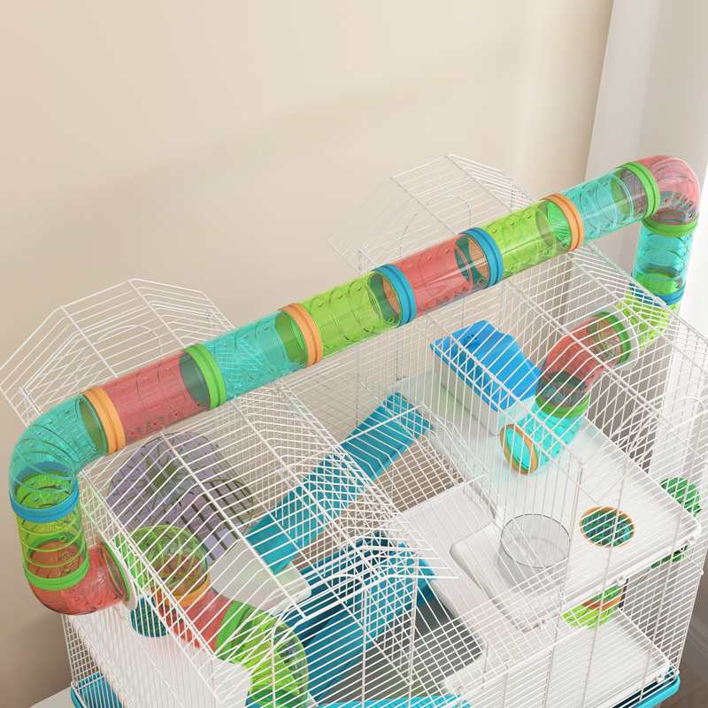 PawHut 4 Tier Hamster Cage w/ Tubes, Exercise Wheel, Hut, Water Bottle, Food Dish, Ramps, for Drawf, 58 x 36 x 65cm, Light Blue