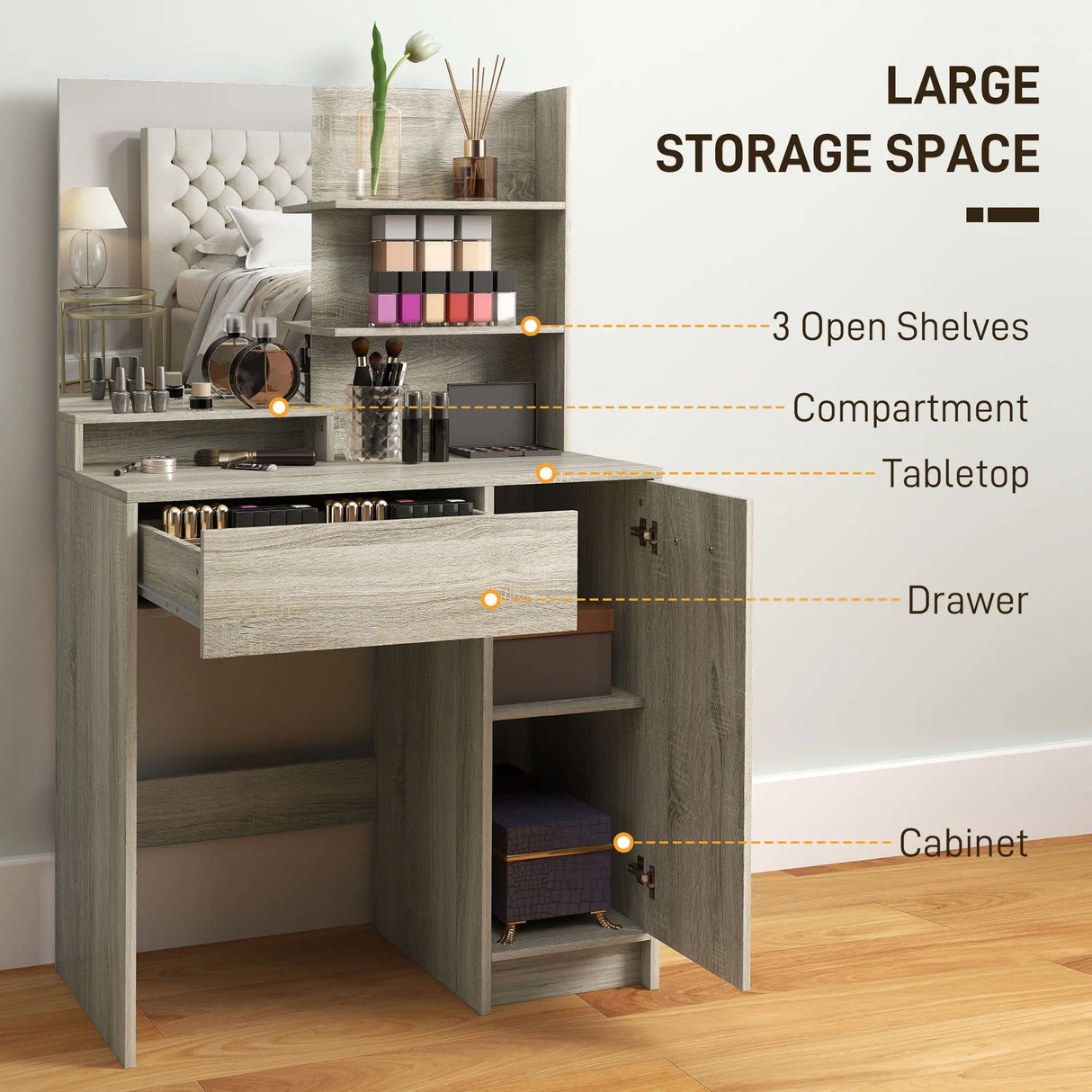 HOMCOM Dressing Table and Stool Set, with Storage - Wood-Effect