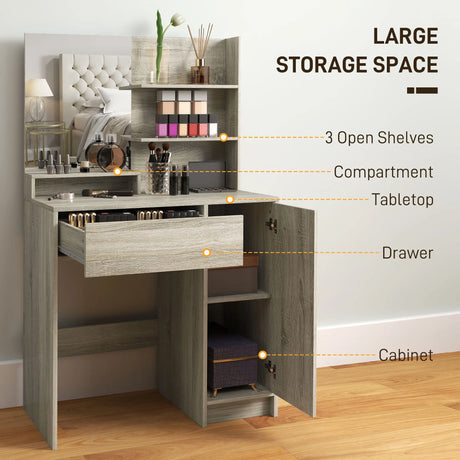 HOMCOM Dressing Table and Stool Set, with Storage - Wood-Effect