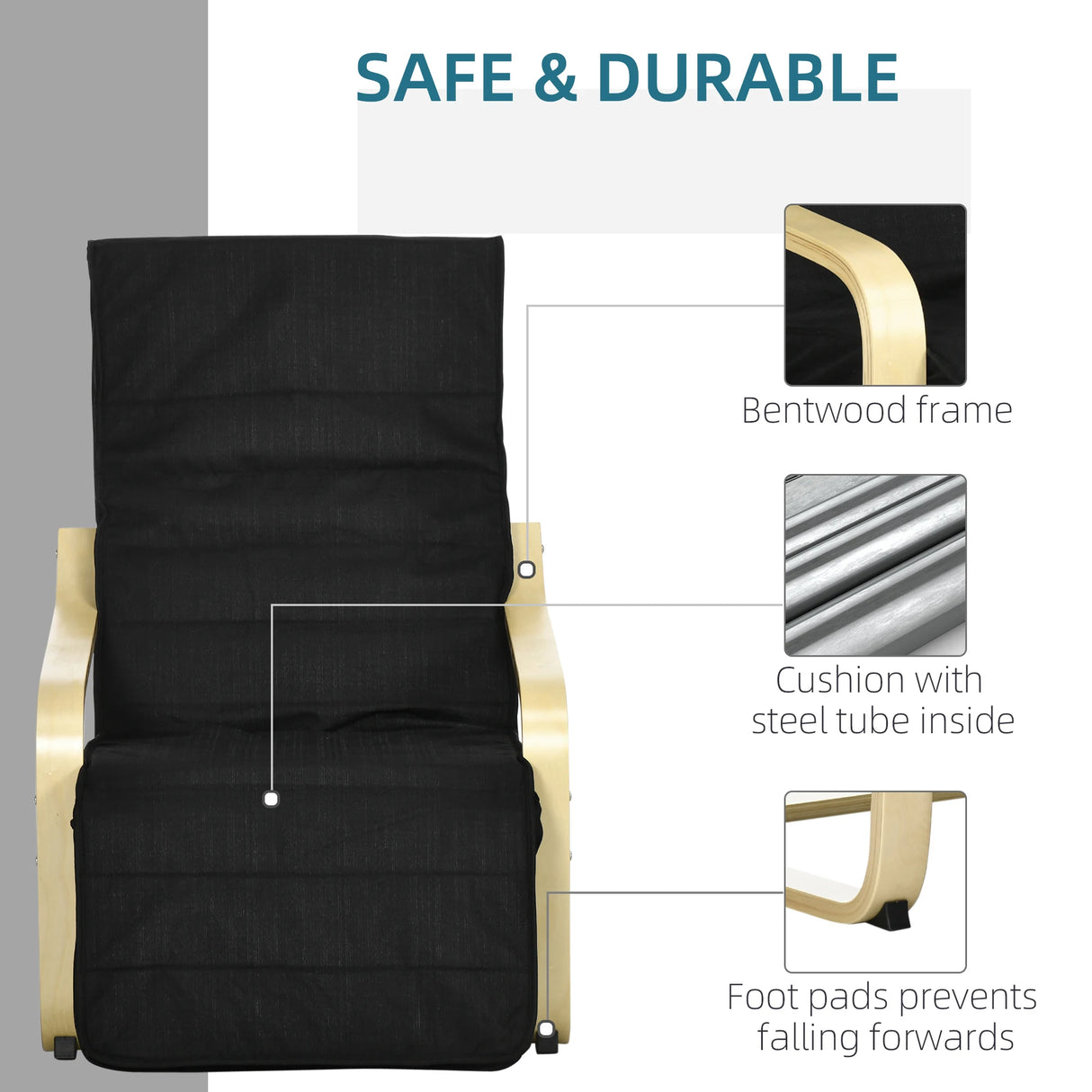 HOMCOM Wooden Armchair, Upholstered Linen Lounge Chair with Adjustable Footrest & Removable Cushion, Poang Chair for Living Room, Black