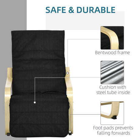 HOMCOM Wooden Armchair, Upholstered Linen Lounge Chair with Adjustable Footrest & Removable Cushion, Poang Chair for Living Room, Black