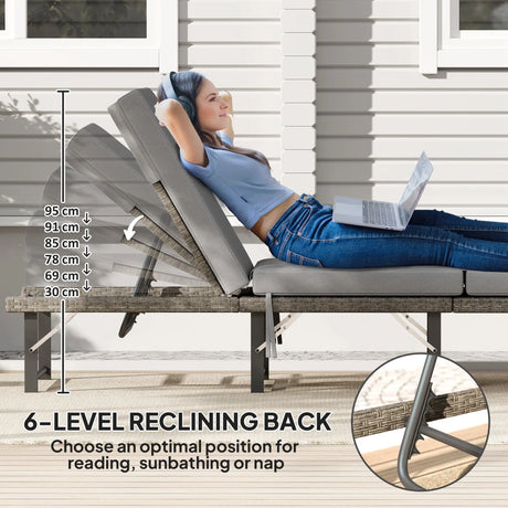 Outsunny Single Folding Rattan Sun Lounger, with Cushion - Grey