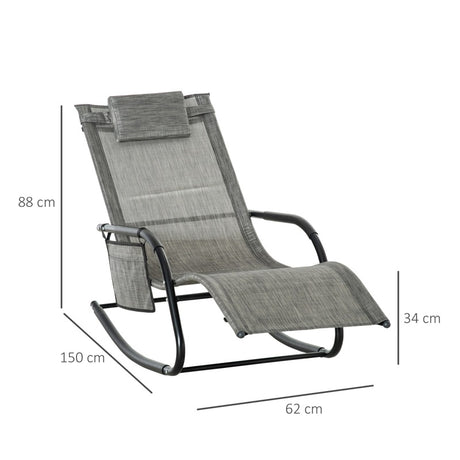 Outsunny 2PCs Outdoor Garden Rocking Chair, Patio Sun Lounger Rocker Chair with Breathable Mesh Fabric, Removable Headrest Pillow, Armrest, Side Storage Bag, Dark Grey