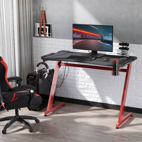 HOMCOM 122 x 66 cm Gaming Desk, Carbon Fibre Covered Computer Desk, Gamer Workstation with Headphone Hook, Cup Holder and Gamepad Storage Rack, Black and Red