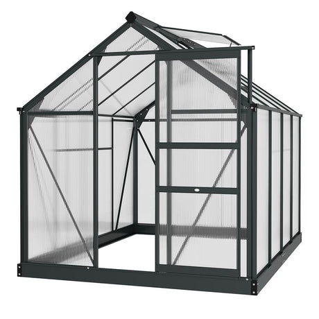 Outsunny 6 x 8ft Polycarbonate Greenhouse, Large Walk-In Green House with Slide Door and Window, Garden Plants Grow House with Aluminium Frame and Foundation, Grey