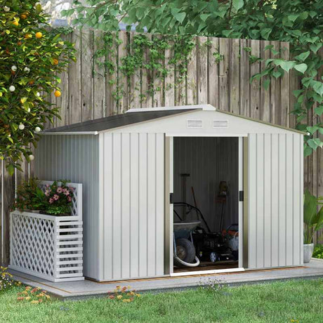 Outsunny Garden Storage Shed, Metal Outdoor Storage Shed House with Foundation Kit, Ventilation, Doors, 9 x 6FT, Silver