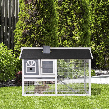 PawHut Wooden Rabbit Hutch and Run with Sliding Tray, Ramp, Water-resistant Roof, for 2-4 Rabbits, Grey