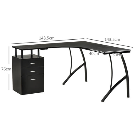 HOMCOM L-Shaped Computer Desk Table with Storage Drawer Home Office Corner Industrial Style Workstation for A4 Files 152 x 143.5 x 76cm, Black