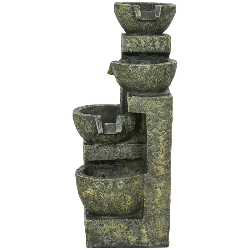 Outsunny Garden Water Feature Waterfall Fountain with 4-Tier Stone Look Bowls, Adjustable Flow, Black and Yellow