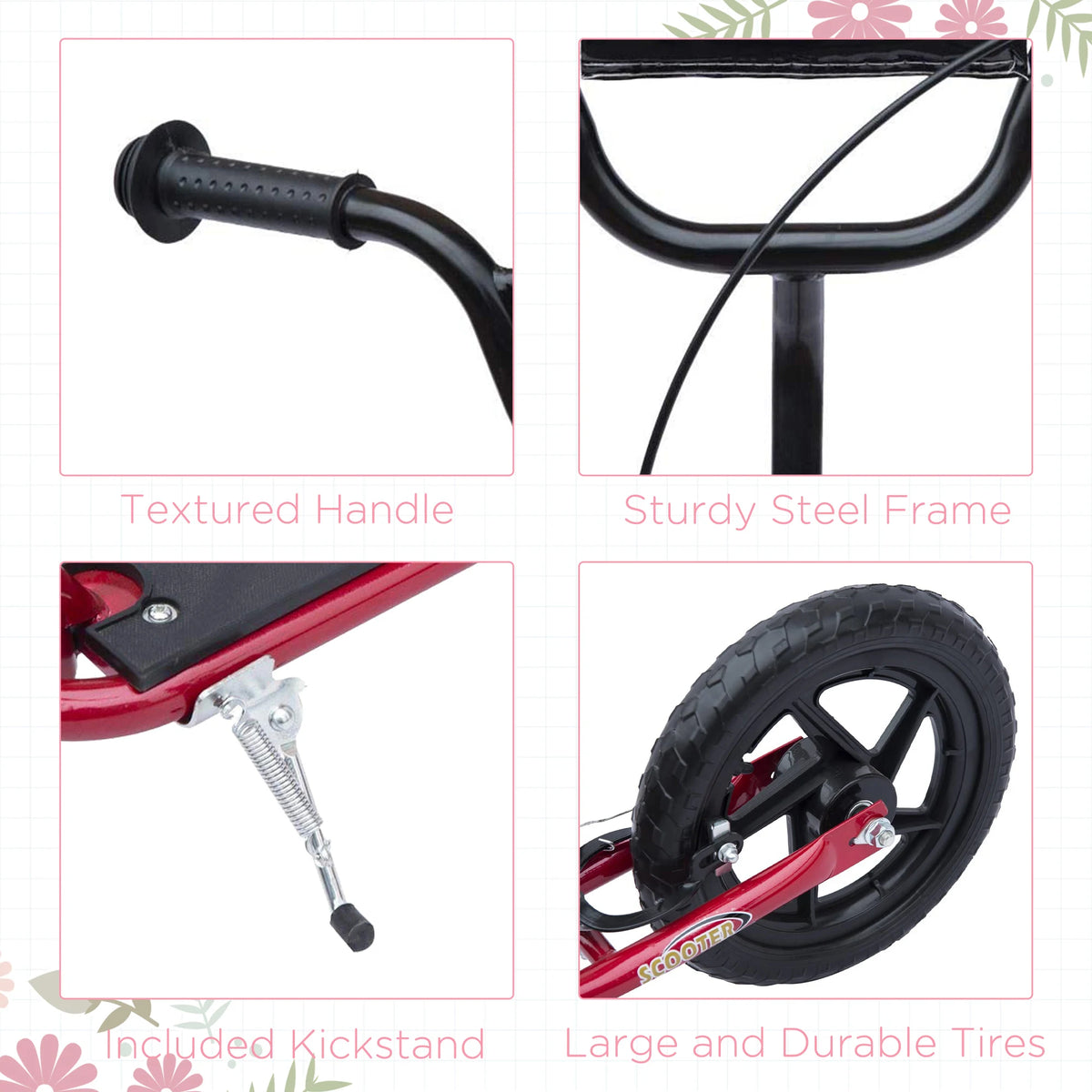 HOMCOM Kids Scooter Kick Scooter, with 12" EVA Tyres, Rear Brake, Big Wheels Scooter for 5-12 Years , Red