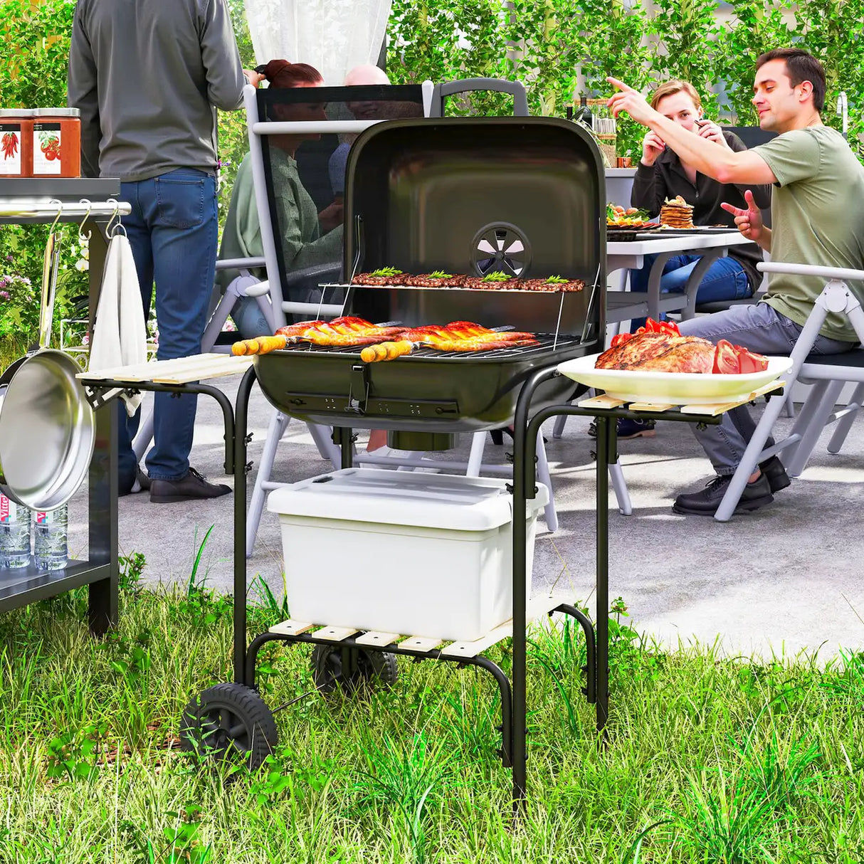 Outsunny Charcoal Barbecue Grill Portable BBQ Grill with 1840 cm2 Cooking Area, 3 Shelves, Adjustable Vent, Lockable Lid, Wheels for Outdoor Cooking, Garden Party, Black