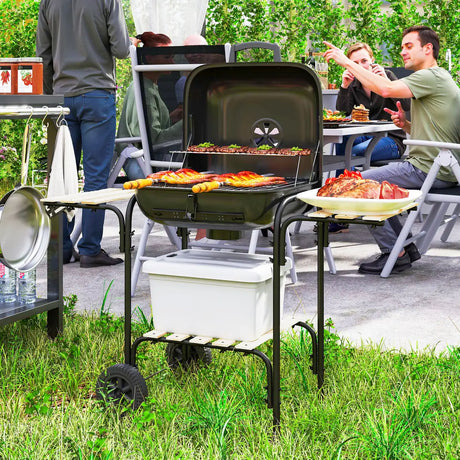 Outsunny Charcoal Barbecue Grill Portable BBQ Grill with 1840 cm2 Cooking Area, 3 Shelves, Adjustable Vent, Lockable Lid, Wheels for Outdoor Cooking, Garden Party, Black