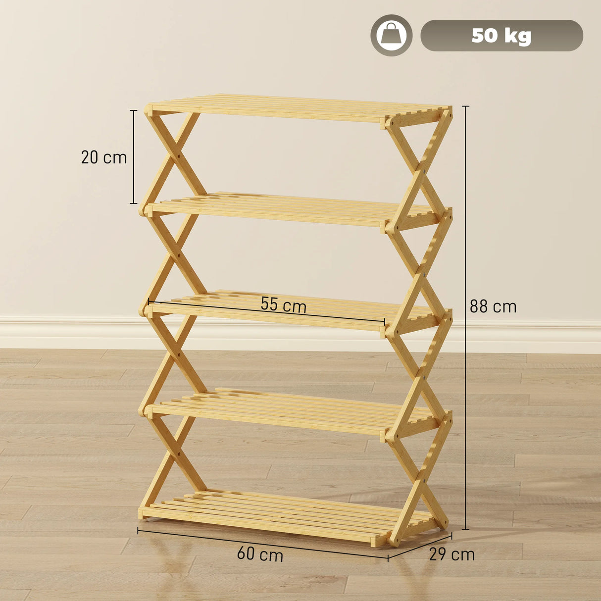 HOMCOM Five-Tier Folding Bamboo Shoe Rack - Natural Finish