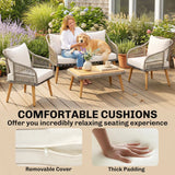 Outsunny 4 Piece Rattan Garden Furniture Set with Loveseat, Armchairs, Wood Table, Wicker Patio Conversation Set, Cream White