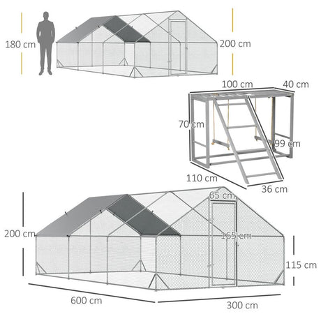 PawHut Walk In Chicken Run with Chicken Activity Shelf and Cover, 3 x 6 x 2m