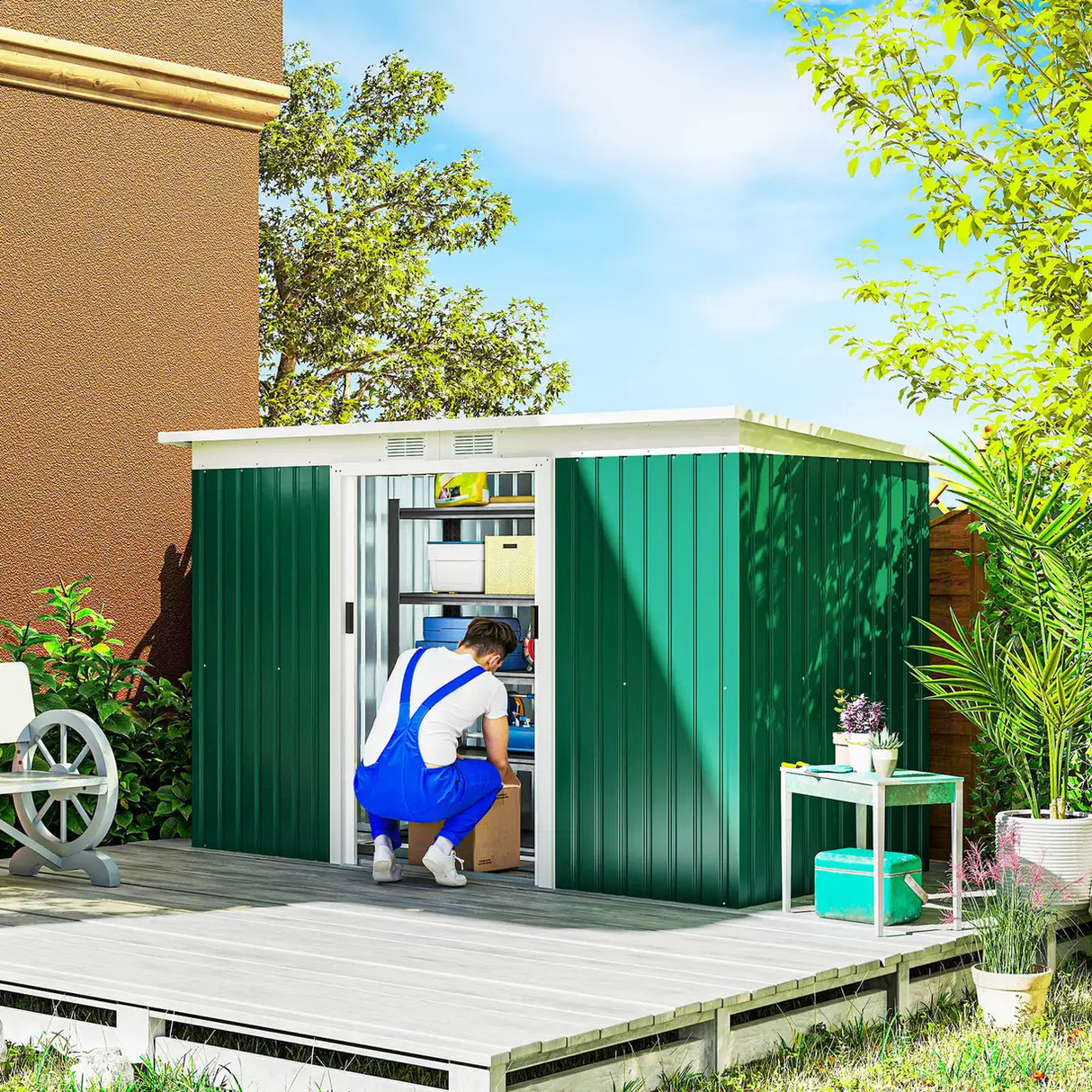Outsunny 9ft x 4ft Metal Garden Shed, Outdoor Tool House with Foundation Kit, Ventilations and Double Doors, Deep Green