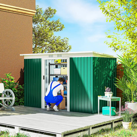 Outsunny 9ft x 4ft Metal Garden Shed, Outdoor Tool House with Foundation Kit, Ventilations and Double Doors, Deep Green