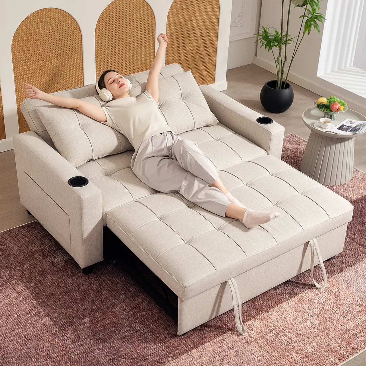 HOMCOM Two-Seater Pull-Out Sofa Bed - Beige