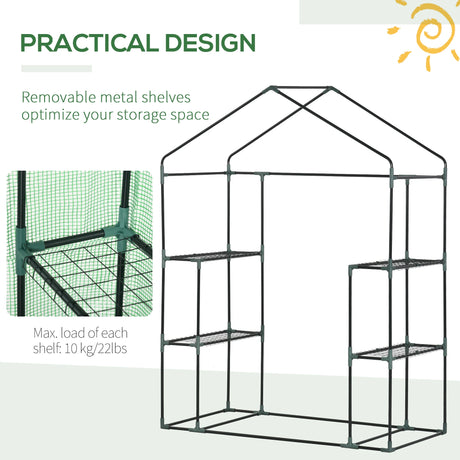 Outsunny Walk In Greenhouse with Shelves, Portable Gardening Plant Grow House for Outdoor with 2 Tier Shelf, Roll-Up Zippered Door, PE Cover, 141 x 72 x 191cm, Green