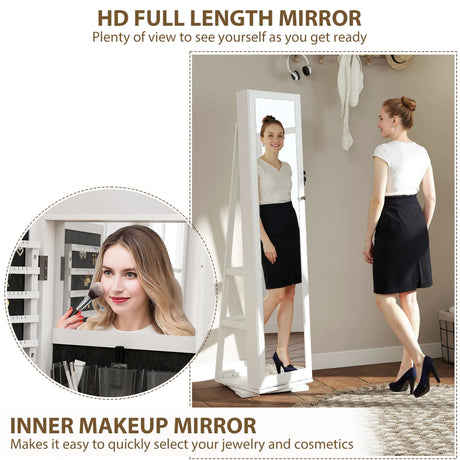 HOMCOM 360 Swivel Jewellery Cabinet, Free Standing Full Length Mirror with Storage, Lockable Jewellery Organiser with Built-in Makeup Mirror and Storage Shelves for Bedroom, White