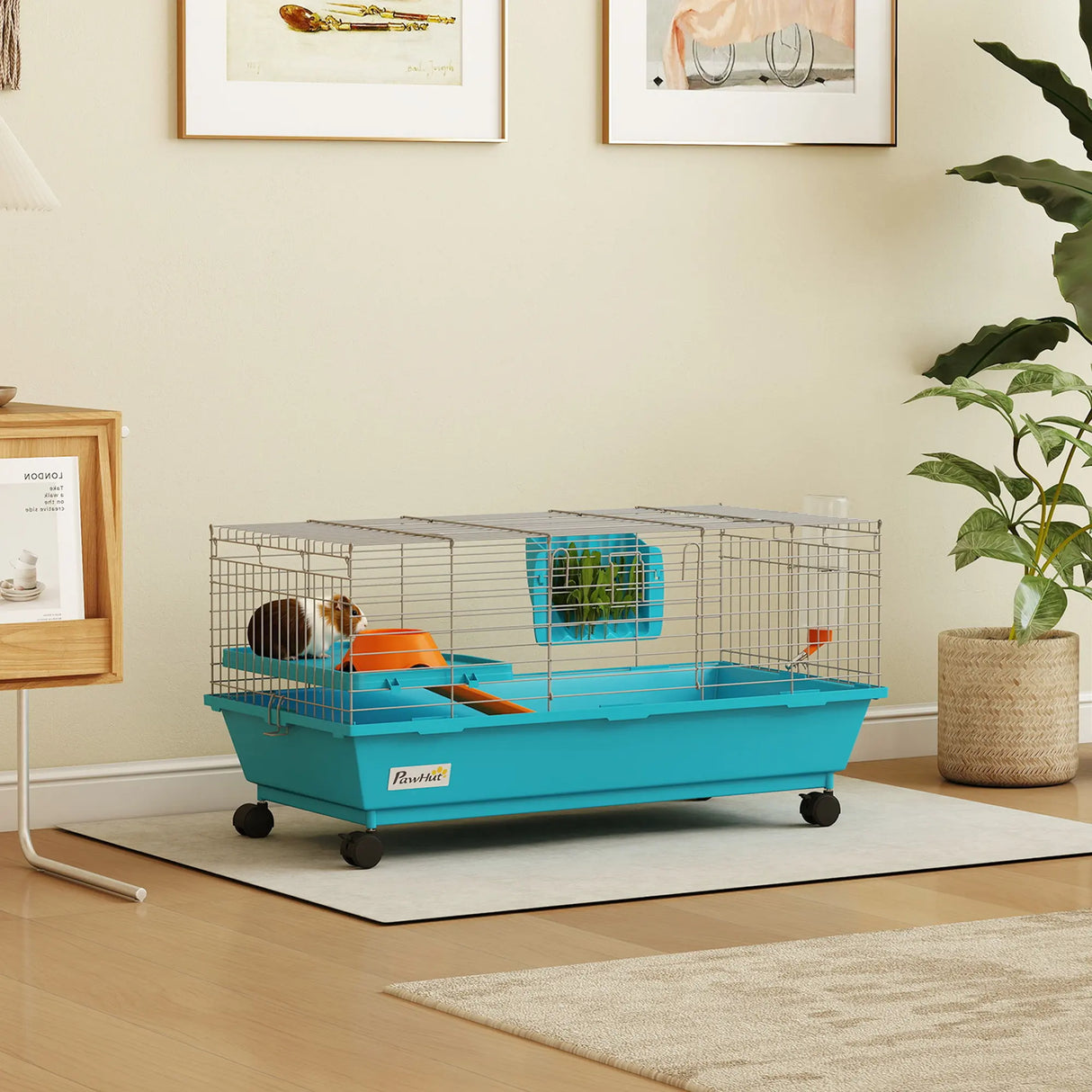 PawHut Small Animal Cage Rabbit Guinea Pigs Chinchillas Cage with Wheels Water Bottle