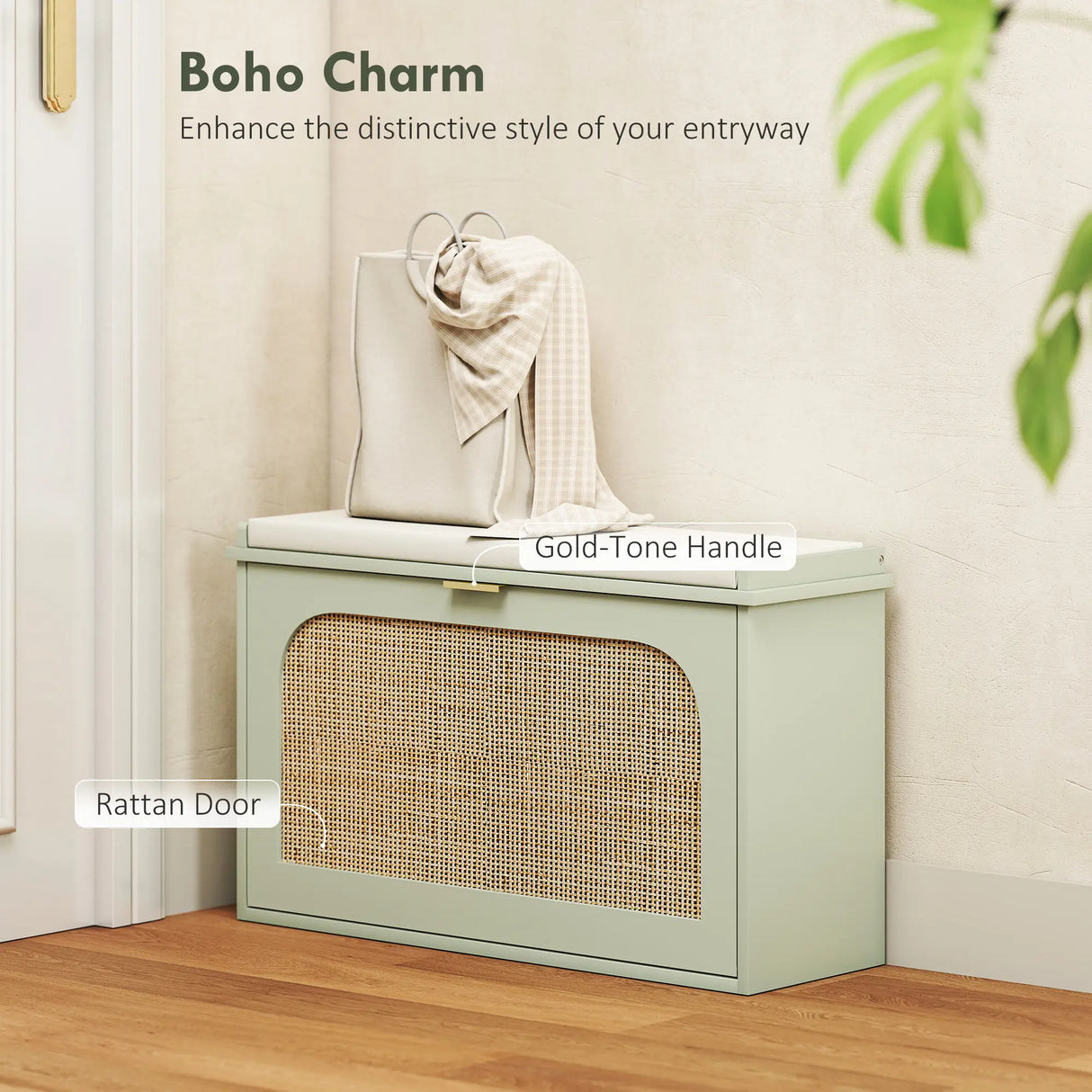 HOMCOM Boho Shoe Bench with Padded Seat and Flip-Drawer - Light Green