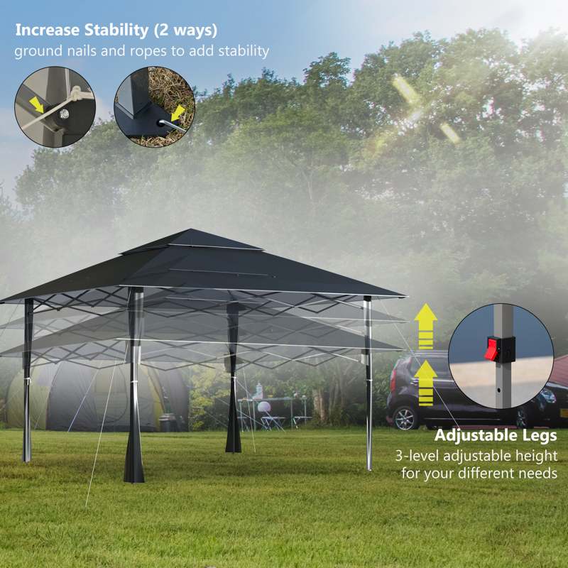 Outsunny 4 x 4m Pop-up Gazebo Double Roof Canopy Tent with UV Proof, Roller Bag & Adjustable Legs Outdoor Party, Steel Frame, Dark Grey