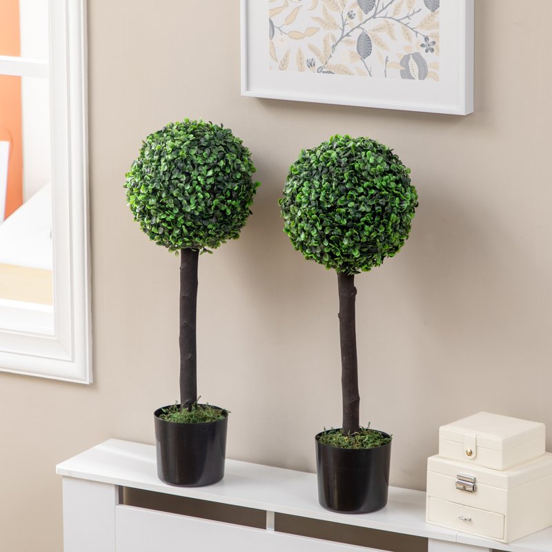 HOMCOM Set of 2 Artificial Plants Boxwood Ball Trees in Pot Fake Plants for Home Indoor Outdoor Decor, 20x20x60cm, Green