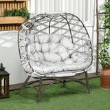 Outsunny 2 Seater Egg Chair Outdoor, Folding Weave Garden Furniture Chair with Cushion, Cup Pockets - Light Grey