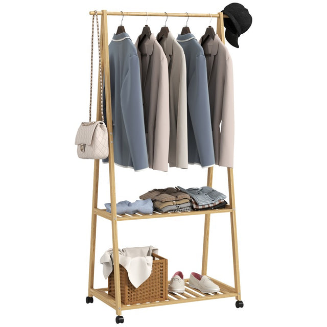 HOMCOM Bamboo Clothes Rack, with Shelves and Hooks - Natural Finish