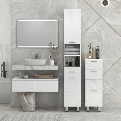 kleankin 71" Tall Slim Bathroom Storage Cabinet, Tall Narrow Cupboard with Drawer, Open Shelves, 2 Doors Cabinets and Adjustable Shelves for Kitchen, Hallway, Living Room, High Gloss White
