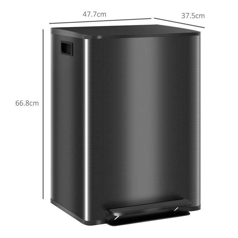 HOMCOM 60L Dual Compartment Stainless Steel Bin, with Deodoriser Holders - Black