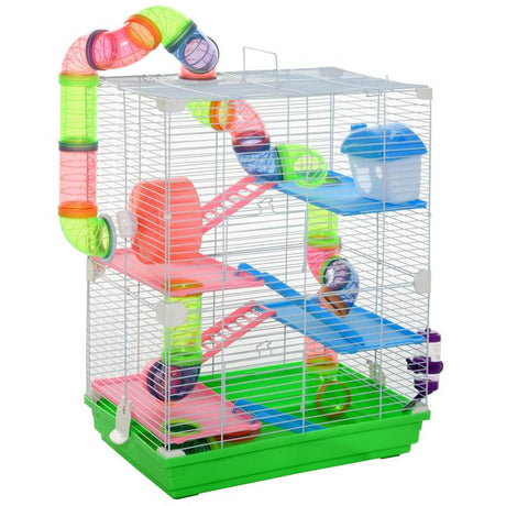 PawHut 5 Tier Hamster Cage Carrier Habitat w/ Exercise Wheels, Tunnel, Green