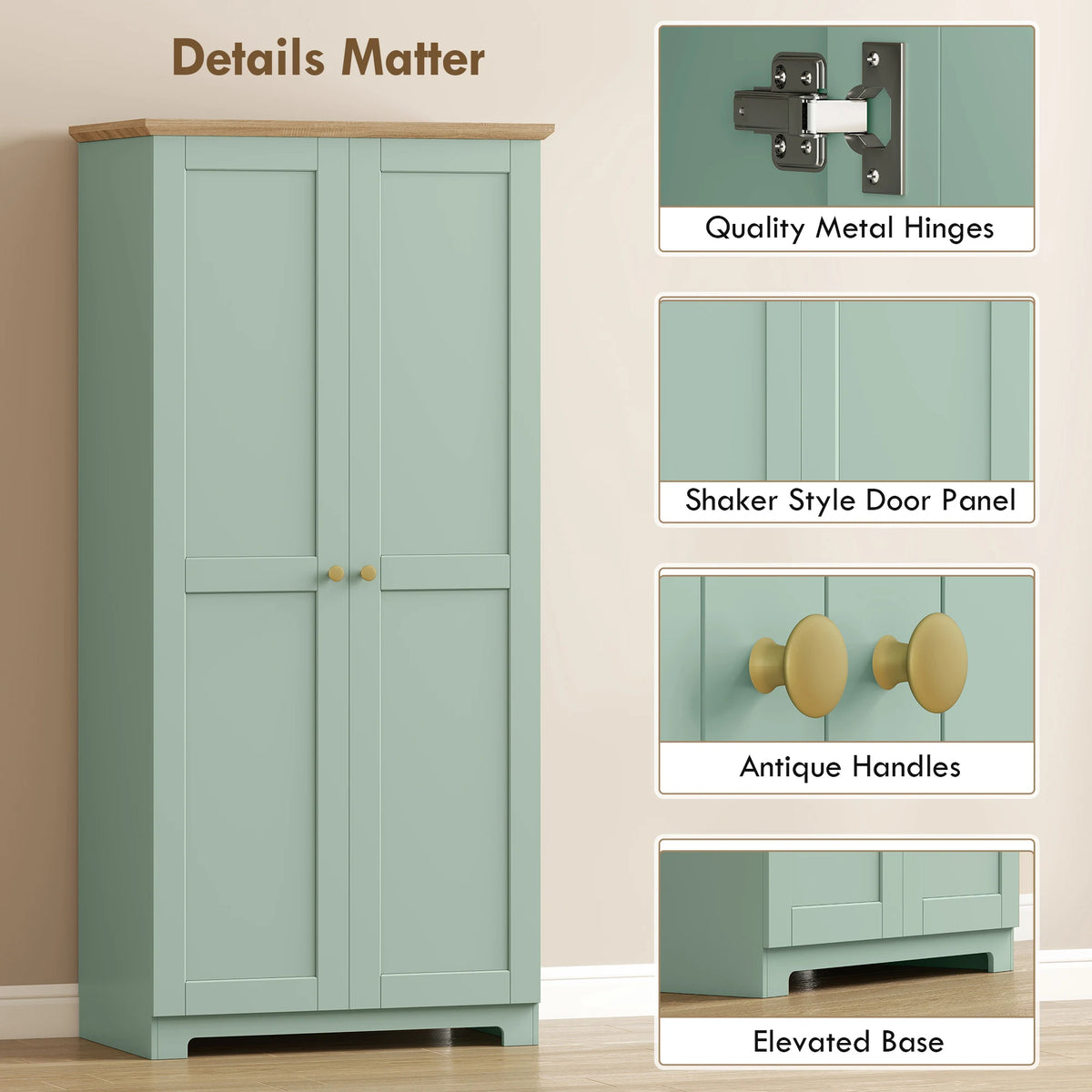 HOMCOM Kitchen Cupboard, 172cm Freestanding Storage Cabinet with Doors and Shelves, Light Green