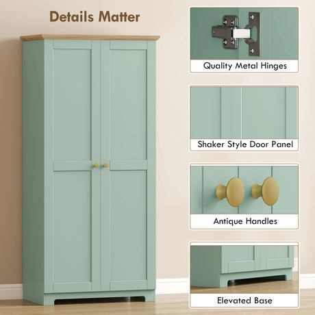 HOMCOM Kitchen Cupboard, 172cm Freestanding Storage Cabinet with Doors and Shelves, Light Green