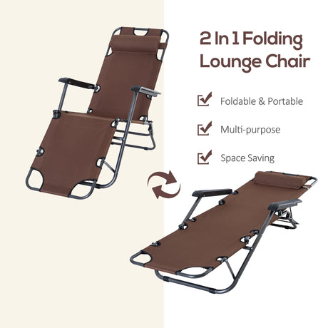 Outsunny 2 in 1 Folding Sun Lounger Reclining Garden Chair Set of 2 with 2-Level Adjustable Backrest, Outdoor Zero Gravity Recliner Garden Chairs with Head Pillow and Armrests, Brown