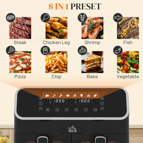 HOMCOM 8L Dual Basket Air Fryer, 80-200, with Sync Function - Black/Silver