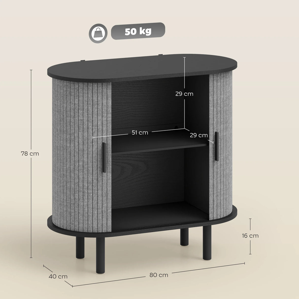 HOMCOM Tambour Sideboard with Fluted Sliding Doors, Modern Kitchen Cupboard with Storage Shelves and Wooden Legs, Grey