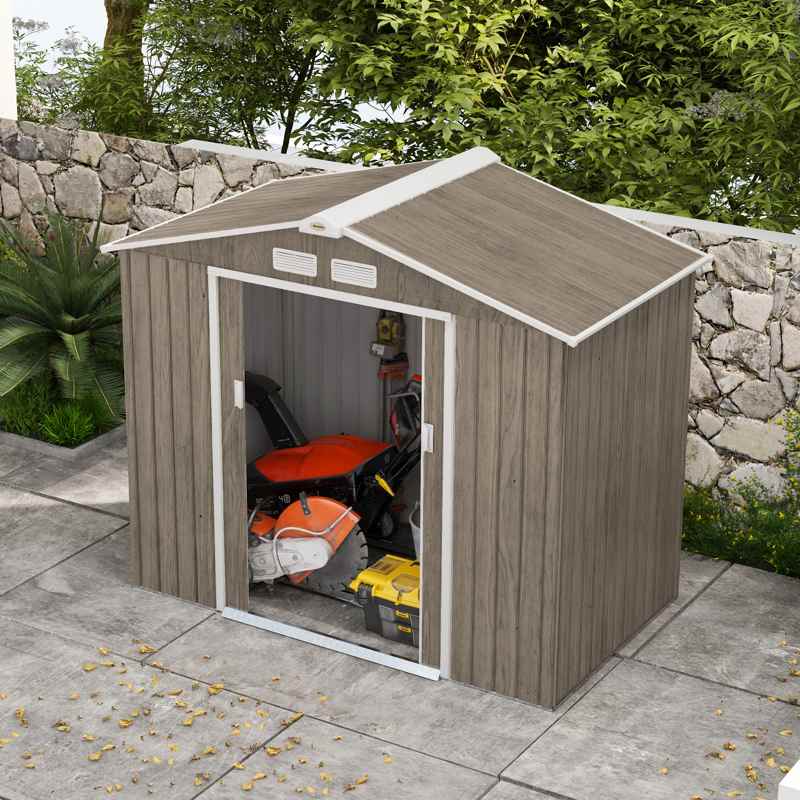 Outsunny 7 x 4ft Metal Garden Storage Shed with Vents, Floor Foundation Kit and Lockable Double Doors, Light Brown