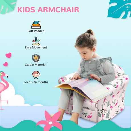 AIYAPLAY Kids Armchair with Flamingo Design, Wooden Frame, for Bedroom, Playroom, Kids Room, Pink