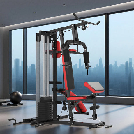 SPORTNOW Multi Gym Workout Station, Weight Machine with 65kg Weight Stack, Sit Up Bench, Push Up Stand, Dip Station